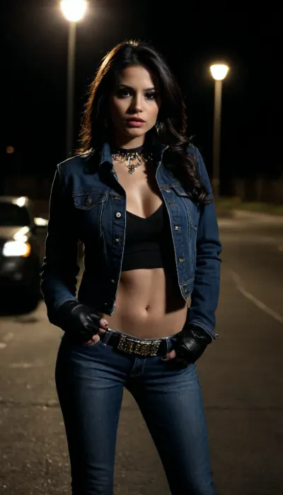 beautiful sexy model latino 25 years, large cute brown eyes, full makeup, thin lips, very long silky dark black brown hair with very long silky extensions, very tall, 6"1, empty chest, show nipples erected, show big fake round tits, wearing dark blue denim cropped hooker jacket with long sleeve, wear emo gloves, wear bling metallic sexy belt, wear very long tight dark blue jeans, wear jewelry, latino earrings, neck chocker, full body show, black boots, Solo, night-time, dark, streetlights, close-up. front view, standing next to car in car park at night, nightime, moonlight, standing for viewer, looking directly at me, eye-contact, looking, at, viewer, <lora:looking_at_viewer:.8>, <lora:dark:.8>