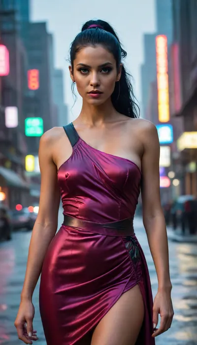 Woman is a powerful Amazonian warrior woman standing confidently, tall athletic physique, long flowing black hair, radiant bronze skin. Dramatic heroic pose, Ultra-detailed cyberpunk fashion scene in a neon-drenched megacity. A deep-burgundy satin one-shoulder dress with a liquid-metal sheen, asymmetrical neckline, sculpted bodice, and dramatic gathered draping pulled into a knot at the waist. Satin folds reflecting neon pink, crimson, and electric blue city lights. Rain-slick streets, dense fog, holographic advertisements flickering overhead, flying drones casting harsh rim light. High-tech noir atmosphere, gritty textures, reflective puddles, lens flare, volumetric light beams cutting through smog. Cinematic composition inspired by Blade Runner, high-fashion editorial in a cyberpunk dystopia. Hyperreal skin texture, sharp fabric detail, moody shadows, chrome highlights, ultra-sharp 8k SDXL rendering, green, eyes, blue, brown, perfecteyes, <lora:PerfectEyesXL:.8>