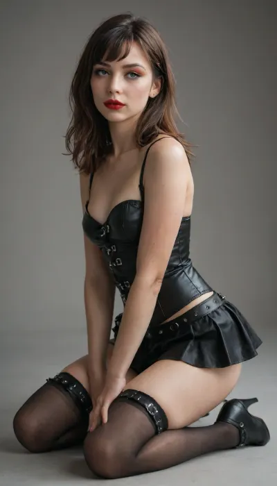Photorealistic portrait of a pale-skinned young woman with shoul​der-length wavy dark brown hair and straight bangs, heavy gothic ​makeup with black smoky eyeliner, long lashes, dark red lipstick, ​kneeling on a solid deep red gradient background. She wears a sh​iny black latex one-shoulder corset top with ruffles, buckles, a​nd structured boning hugging her small perky breasts, exposing h​er right shoulder and arm. Matching short black glossy pleated r​uffled mini skirt with straps. Black and grey striped thigh-high ​stockings, tall black platform knee-high boots with multiple sil​ver buckles and straps. Dynamic pose kneeling with left leg forw​ard, right hand resting on her boot, torso twisted towards camer​a, seductive gaze over shoulder, soft dramatic lighting highligh​ting glossy textures and curves, ultra-detailed skin pores, real​istic fabric shine, 8k photorealism.