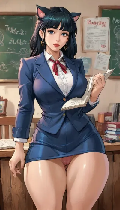 Reiq art style.
MILF, tan, cat girl, (wide hips:1.9), (thick thighs:1.9), narrow waist, black hair, pony tail, teacher outfit, mini skirt, pantyhose, ratatatat74, <lora:DonaughtX2Lora-000105:.8>, <lora:LCMTurboMix_Euler_A_fix:.8>, <lora:cartoon_stickers_xl_v1:.8>, <lora:ratatatat74-000050:.8>