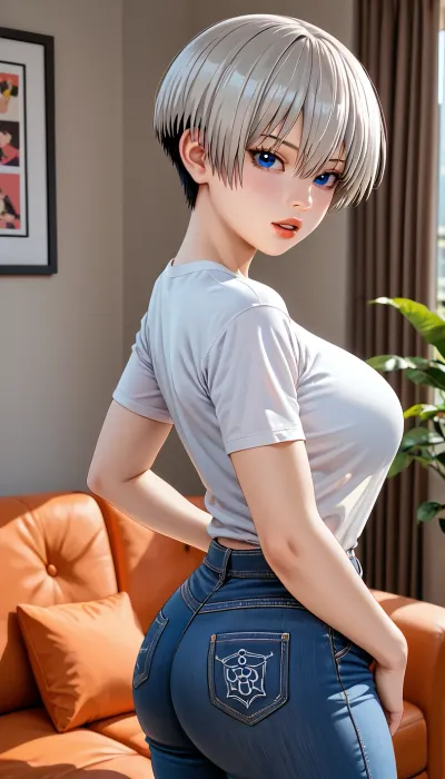 Uzaki Hana from Uzaki-chan, Uzaki Hana on Uzaki-chan, (drawing like in the anime Uzaki-chan, like a Uzaki-chan anime, cartoon, like Uzaki-chan, anime Uzaki-chan, anime, hentai, linear art), curvy, 1girl, (thick:1.2), (fit thighs, proportionate thighs), ((private room background, ample windows, sofa behind)), (huge breasts:1.1), (wide_hips), (white t-shirt, long sleeves, jeans), (serious expression, parted lips), ((lips, pouts)), ((beautiful white hair, pixie cut hair, blue eyes, small eyes)), lips, (looking back, view from behind), standing, style Uzaki-chan, style anime Uzaki-chan, 2D, 2D art, no 3D, no realism, frescoed style, 2D anime art, hentai art