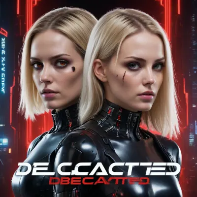 A professional movie poster for a cyberpunk thriller titled "DEACTIVATED". The poster composition features two beautiful, tall blonde female androids side by side. On the left half, Larissa looks at the viewer with an intense, sharp, cold gaze, wearing a black choker and a sleek low-cut evening gown. On the right half, Samantha is severely battle-damaged under dramatic red lighting, her face partially melted away to reveal an intricate chrome cybernetic skull with a glowing red robotic eye, sparks and light smoke rising from her mechanical parts. At the top of the poster, the title "DEACTIVATED" is written in huge, glowing neon white cyberpunk font. At the bottom, the tagline "Beautiful. Dangerous. Disposable." is written in smaller, clean futuristic text. High contrast cinematic lighting, photorealistic, 8k resolution, award-winning poster design, dramatic and moody masterpiece.