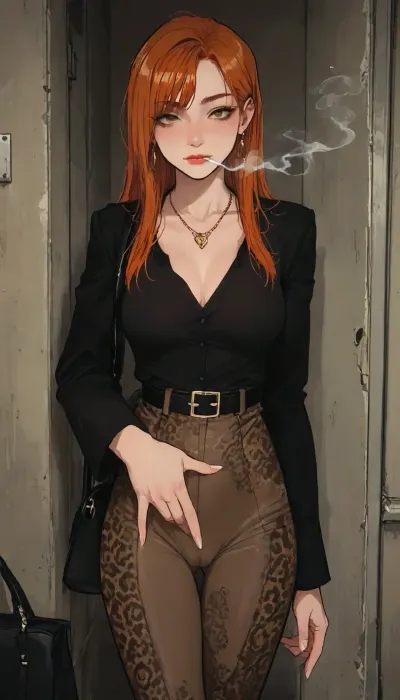 ((Melkor mancin mix markgavatino style)), incase style, masterpiece, (1woman, 8k resolution, ultra-detailed), nasty bitch Petra mature milf 50years, cheekbones, ((hand smoking cigarette)), bare chest, super waist, tall slender, hips side, handbag plasticbag, She lifted her shirt and showed her breasts, ((long bangs slickened ginger bangs)), necklace, (makeup modern blue eyeliner), (leopard pattern legins spandex, (((cameltoe)), puffy pussylips fingering)), shimmering brown iris eyes, (big black belt), plateau-heel, ultra long legs, lips cool smile, lipstick glossy, beautiful drawn fingernails, (tatoos ink body-artwork:1.2), arms teasing curves, pushup lace, (sagging breast dressed sagging cleavage:1.2), (many neon bright-colours led writings), ratatatat74, jtcstyle, SamDoesArts, <lora:LCMTurboMix_Euler_A_fix:.6>, <lora:ratatatat74-000050:1.1>, <lora:mk_Bp Anime_xl:1>, <lora:加藤彩style:1.8>, <lora:SDXLSamDoesArts:1.7>