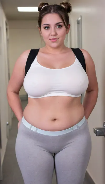 Plump saggy 30 y.o. woman, ((short, fat)), tits hanging low, (brunette space buns hair:1.8), medium sized saggy and hanging breasts, pubic hair, hairy pussy, standing by campus dorm hallway, tight leggings, fupa, cameltoe, cellulite, huge hips, small shoulders, plump lips, big belly, (space buns hair), white sports bra pulled up tits out, facing viewer, eye contact, big thighs, (saggy:1.6), (chubby:2), (big hips in leggings:1.8), (very pale skin, tan lines), plump, skindentation, chubby, bbw, venus, body, big, breasts, ass, bounty4483b, tpsp, shirtlift, <lora:Chubby BBW - XL:1.7>, <lora:bounty4483b-000004:.4>, <lora:Torpedo_Tits_Anime-GMR-000007:2>, <lora:shirtlift_SDXL_v2:.8>, fat, <lora:[XL]fat:.8>