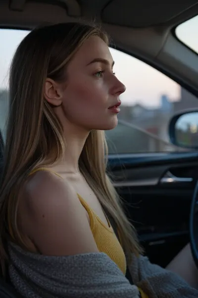 Portrait of Olga, 25 years old, tall extremely skinny woman with long light brown hair, sitting in a car at dusk, shown in profile, looking out of the window with a calm and thoughtful expression, wearing a yellow top and gray sweater, natural and soft lighting, blurred city background. cinematic, soft-focus, realistic, fine art portrait, lighting, dusk light, natural light, soft shadows, warm tones, mood, serene, peaceful, introspective, dreamy, photography, portrait photography, shallow depth of field, bokeh, profile photo, clothes