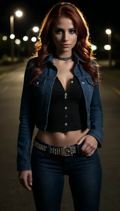 beautiful sexy model latino 25 years, very smile, green eyes, large cute brown eyes, full makeup, thin lips, very long silky redhair orange hair with very long silky extensions, very tall, 6"1, empty chest, show nipples erected, show big fake round tits, wearing dark blue denim cropped hooker jacket with long sleeve, wear emo gloves, wear bling metallic sexy belt, wear very long tight dark blue jeans, wear jewelry, latino earrings, neck chocker, full body show, black boots, Solo, night-time, dark, streetlights, close-up. front view, standing next to car in car park at night, nightime, moonlight, standing for viewer, looking directly at me, eye-contact, looking, at, viewer, <lora:looking_at_viewer:.8>, <lora:dark:.8>