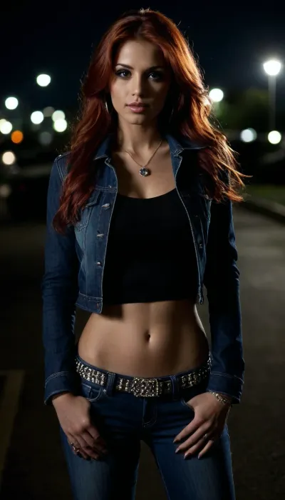 beautiful sexy model latino 25 years, very smile, green eyes, large cute brown eyes, full makeup, thin lips, very long silky redhair orange hair with very long silky extensions, very tall, 6"1, empty chest, show nipples erected, show big fake round tits, wearing dark blue denim cropped hooker jacket with long sleeve, wear emo gloves, wear bling metallic sexy belt, wear very long tight dark blue jeans, wear jewelry, latino earrings, neck chocker, full body show, black boots, Solo, night-time, dark, streetlights, close-up. front view, standing next to car in car park at night, nightime, moonlight, standing for viewer, looking directly at me, eye-contact, looking, at, viewer, <lora:looking_at_viewer:.8>, <lora:dark:.8>