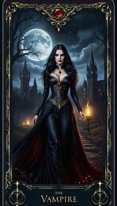 UHD 8K, extreme realism, maximum detail, pretty woman. score_9, score_8_up, score_7_up, score_6_up, beautiful face. A detailed gothic tarot card titled "The Vampire". The card has an ornate golden gothic border. At the top, the card reads "The Vampire", and at the bottom "Dark", both in elegant gothic lettering.

In the center is a stunningly beautiful and sensual vampire woman. She has porcelain-pale skin, long flowing black hair, and glowing ruby-red eyes. She wears a tight, black, elegant dress with a plunging neckline and silk-like texture. Her expression is seductive with a mysterious smile.

The background is a medieval night scene, an ancient castle in the distance, a full moon casting pale light, dead trees, and a misty fog surrounding everything. The atmosphere is mysterious and darkly powerful.

The art should be realistic, with dramatic lighting, strong shadows, and high contrast. Dominant colors, deep red, gray, and gold. Ultra HD quality.. Ultra HD, gothic tarot card style. Ultra HD magical tarot card illustration., detailxl, <lora:detailed_notrigger:.8>, <lora:edrtcard:.8>, <lora:add-detail-xl:.8>, <lora:DetailedEyes_V3:.8>