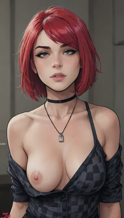Andava, Andavaverse, realistic drawing, ((markgavatino style)), Melkor mancin style, curvy, 1woman, (thick:1), masterpiece, upper body, scarlet hair, short hair, tied neckwear, bangs over eye, symmetrical eyes, snub nose, plumb lips, parted lips, teeth visible, half-closed eyes, perfect big breasts, erect nipples, solo, beautiful curves of the body, realistic detailed, deep insertion, rim light, checkered shirt, (dressed:1.6), one bare shoulder, vibrant, energetic, lineart, line art, flat colors, color, comic book, mtms, <lora:lineartSDXL:2>, <lora:EldritchComicsXL1.2:1>, <lora:Michael TurnerMarc SilvestriNoobAiLycoV2:1>, <lora:mk_Bp Anime_xl:.5>