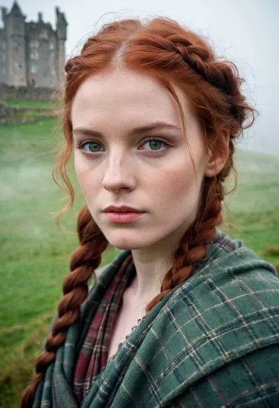 A photorealistic close-up portrait of a young woman of Celtic-Scottish descent, she has traditional facial features, pale skin with a delicate pink hue, expressive greenish-gray eyes, and braided red hair—all set against a backdrop of morning fog. She is wrapped in a rustic-style plaid blanket. A historic Scottish castle emerges from the morning mist. Cinematic lighting, ethereal morning dew, and a dramatic sky—a masterpiece of ultra-detailed photography.