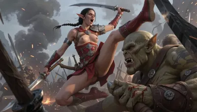 Oil painting style, Greg Rutkowski inspired, ethereal, cinematic lighting, hyper-realistic, 8k resolution, intricate detail, high fantasy, "Lord of the Rings" aesthetic. A cinematic wide shot of a beautiful elvish princess in ranger armor fighting her way through giant orcs with halberds while she is wielding two mithril scimitars, amid a battlefield with smoke and magical sparks, epic scale.

a beautiful young elf princess, SamDoesArt2, passionate, yelling a war cry, petite, (dark haired skinny female elf:1.3), very beautiful face, dark tan skin, french braid, very small breasts, stiff nipples, red leather ranger armor, red leather bodice, elf ears, jumping high through the air, she kicks an orc in the skull. She stabs an ogre through the skull. She slices another orc's arm off. Blood sprays everywhere, low POV looking up