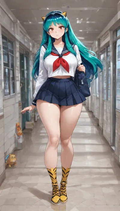 (manga), lumxl, lum, long, hair, green, aqua, multicolored, cone, horns, pointy, ears, animal, (very large breasts:1.4), bikini, strapless, navel, narrow hourglass waist and wide hips, boots, orange, eyes, yellow, serafuku, school, uniform, blue, shirt, sleeves, skirt, pleated, neckerchief, sailor, collar, <lora:Lum-animagineV2:.8>