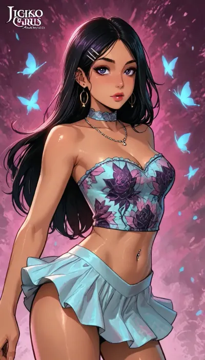 Melkor mancin meet markgavatino style, ((symmetric perfect eyes)), (purple background psychedelic abstract), (Arabic dark skin:1.5), muscular small petite, short height, ((petite Thai princess in an intricate beautiful patterned dress, high micro skirt)), ((dynamic pose arched back, head cocked to side looking at viewer, hip popped up)), slightly reveal hint of panties, ((large plump cleavage boobs with blush and glitter)), glowing purple flowers butterflies, (reiq style), Score_9, score_8_up, score_7_up, masterpiece, make up lipstick blush glitter, (1woman, 8k resolution, ultra-detailed), solo, ratatatat74, super thick long hair blowing in the wind, hair clips bangles, wet thighs, wet lace panties underwear sheer, rose, butterflies, necklace choker, ((belly piercing)), <lora:LCMTurboMix_Euler_A_fix:1.1>, <lora:ratatatat74-000050:1.1>, <lora:SDXLSamDoesArts:1.1>, NEGATIVE_HANDS