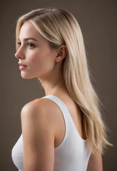 (raiq style), Side view, A realistic lifestyle product photography scene of a young woman with long straight blonde hair, (She is in side profile view), She wears a white sleeveless ribbed top, Clean minimal composition, isolated subject, soft natural lighting, realistic skin texture, detailed hands and fingers, high-resolution commercial product photography style, sharp focus, modern wellness/healthcare aesthetic, professional studio quality, natural pose, photorealistic.