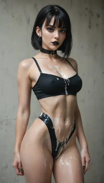score_9, score_8_up, score_7_up, score_6_up, 1girl, gothic, goth, pale skin, (pale skin), medium tits, dark black eyes, (black hair), bangs hair, black eyeliner, (black lipstick), white skin, black choker, navel piercing, pierced nipple, tan lines, extreme snatched waist, pencil waist, wide hips, hour glass body, perfect ass, cum covered tits, thick white cum, cum dripping from tits, (excessive cum:1.2), (highly detailed, masterpiece, best quality), <lora:MJ52:.8>, <lora:Anya_Taylor-Joy_SDXL_101:1.6>