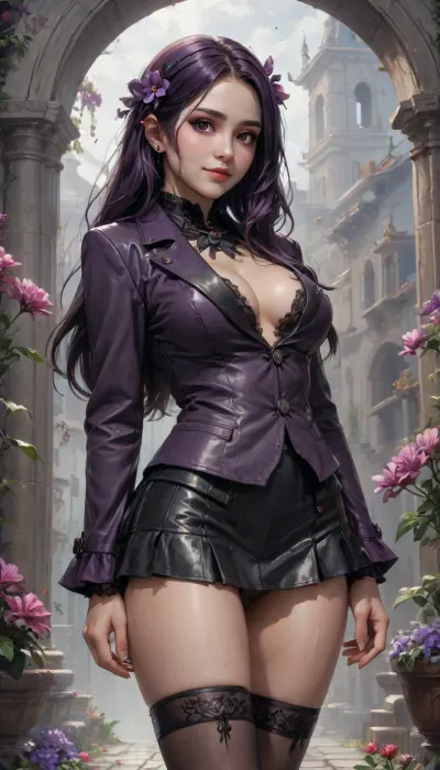 (Mexican purple elegant goth power mistress), petite elegant coat, her short miniskirt shows off a good view of her soaking wet panties, playful arched body side view, plain background full of flowers, extremely long hair, ((high resolution, 8k, masterpiece)), oil, futuristic-fantasy-anime, cute sultry smile, <lora:futureistic_fantasy_anime_sdxl_v1:1>