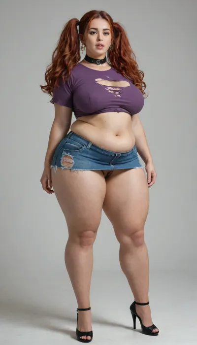 Bbw super fat curvy, massive pussy, short mature, long legs, extremely long red hair, pale skin, straight hair, hair in pigtails, massive thighs, massive stomach, large collar around neck, wide hips, high heels, tight purple shirt, ripped shirt, seductive pose, slutty, legs spread, mouth open, hairy pussy, mini skirt, pussy barley visible, massive body, torn clothes, belly hanging over mini skirt
