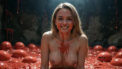(((long dark blonde hair))), busty, skinny, giant boobs, solo, in an empty club, lots of mist in the background, erect nipples, neon lighting, smile, pov, ((horny)), ((naked)), (((zoom in on face and chest))), on her knees, drenched in cum, her skin is covered with huge loads of sperm, viewed from below, <lora:detailed_notrigger:.8>, (((red slime is dripping from her pussy)))