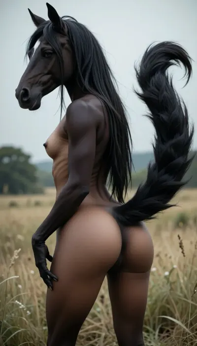 score_9, score_8_up, score_7_up, Photorealistic ultra-detailed cinematic 8k photograph, sharp focus, horse, anthropomorphic horse, Hyper-realistic cinematic photograph, A highly detailed, photorealistic image of an extremely seductive horse-girl, horse girl, anthro furry, full body, dark coat, long straight hair, hair to hips, long tail, tail up, side view, looking at viewer, long legs, slim body