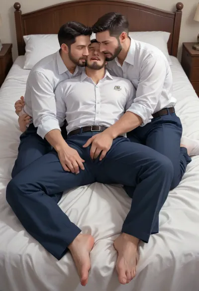 3 Chinese handsome beard men in navy blue pleated formal police uniform pants lie on bed, white shirt, bulge, stab to the dick, tickling, fingering, High detail, correct anatomy, perfect facial features, perfect hands, perfect fingers, 5 fingers, caresses, full body