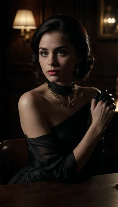 A photorealistic low-light portrait set in a vintage lounge interior. A young woman sits at a round, dark wooden table, her torso angled slightly in a three-quarter view and leaning forward. Both elbows rest on the table. Her hands, clad in long black gloves, are raised toward her face, one palm presses against her cheek, while the fingers of the other hand touch that palm. She gazes into the camera with a calm, cool, and slightly detached expression. Her hair is styled in an updo with soft, loose strands framing her face, the hair is black and long, extending below the shoulders.
Attire, a dark satin dress with thin straps, gold earrings, and a delicate chain. To the left stands a warm-toned table lamp with a cream-colored shade, the table surface is glass, and the background features dark wood paneling—no other people are present. Camera settings, full-frame, 50mm, f/1.8, ISO 1600, 1/60. Lighting, direct on-camera flash combined with warm tungsten lamp light. Filter/Style, "dirty amber" film look, warm nicotine tones, high contrast, deep shadows, heavy film grain, visible noise, and a raw, candid aesthetic., <lora:dark:.2>