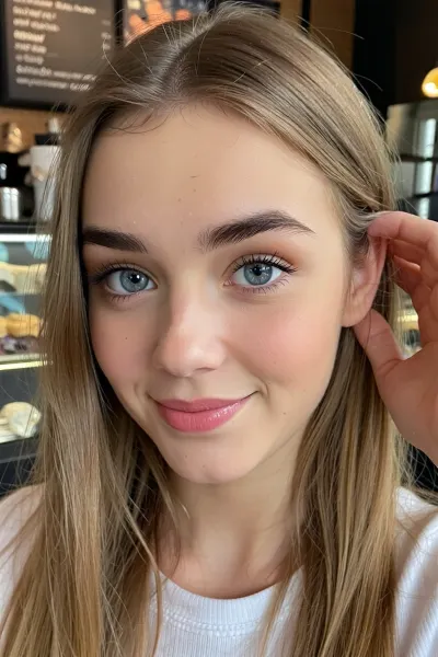 (candid girl-next-door love-at-first-sight aesthetic:8), (face closeup, focus on eyes:4), (bashful nervous eye contact, soft flirty smile:2), (soft bee-stung lips, sticky lips), (large expressive steel-blue eyes, sharp limbal rings), (long delicate eyelashes), (ring lighting reflected in eyes), (wheat-blonde hair, long hair, hair styled swept-back), (thick dark eyebrows contrast with her blonde hair), (sharp high cheekbones, defined jawline), (standing in line at the coffee shop, soft natural lighting, first eye-contact), (hand raised to bashfully tuck loose strands of hair behind her ear)