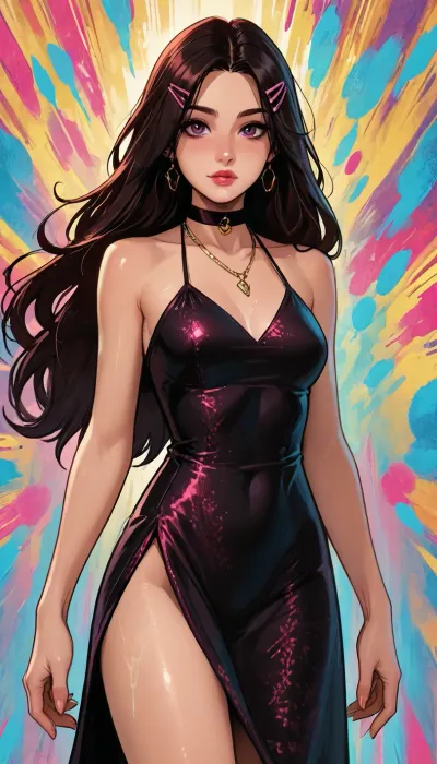 Melkor mancin meet markgavatino style, perfect eyes looking at viewer, (background psychedelic abstract patterns), muscular small petite, short height, concubine in an elaborate embroidered costume, halter dress top, huge booty, (reiq style), Score_9, score_8_up, score_7_up, masterpiece, neon lipstick, blush, purple glitter, (1woman, 8k resolution, ultra-detailed), solo, ratatatat74, super thick long hair blowing in the wind, hair clips bangles, wet thighs dripping fluid, necklace choker, <lora:LCMTurboMix_Euler_A_fix:1.1>, <lora:ratatatat74-000050:1.1>, <lora:SDXLSamDoesArts:1.1>, NEGATIVE_HANDS, (goth:.9)