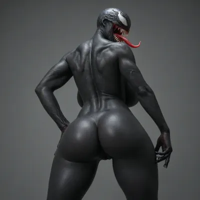 Create a female Venom with authentic symbiote‑textured skin, massive breasts and a slender waist, a tall, statuesque figure, a perky, curvaceous rear, and thick labia. She’s clad in a full‑body symbiote suit, yet her firm nipples and voluptuous labia remain visible. Her mouth is agape, revealing gleaming white fangs and a crimson tongue, as she strikes a sultry, She’s positioned sideways to the camera, her breasts and buttocks clearly visible. Remember that her skin has a symbiotic, otherworldly texture.