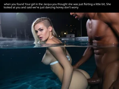 half picture is under water view, horizontal split screen, (((beautiful, wife, pale, very short, soft, short height, freshman, shy, sweet, cute, 37 years old, tiny wife, skinny body:1.6))), ((undercut style one side shaved blonde haircut)), (((small saggy b cup breasts size cover by her bikini))), she's wearing a white bikini top, nighttime, Sneaky sex, steam in the air, Dim lighting, A very large muscular African man, penetrating her ass from behind with his massive large penis, doggy-style sex, side view, Woman is staring at the camera, caption text with black background at the top of the screen “ when you found Your girl in the Jacuzzi you thought she was just flirting a little bit, She looked at you and said we're just dancing honey don't worry”