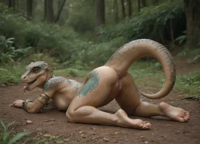 photorealistic, detailed, 4k, masterpiece, sexy face, feather on her head, pieces of Aztec gold armor, no hairs, petite, (open mouth flowing saliva), (transforming into a sexy fit hybridexa lizard girl:1.35), (lizard parts:1.3), (lizard feet), extreme detail, (lizard eyes), in a forest, (reptil scales on her arms and hands:1.3), (reptil SCALE TEXTURE), (big spread open alien vagina, lizard vagina texture:1.3), (laying on her side), (SEXY BUTT), (MEDIUM BOOBS), (tail), x, morphing, into, y, doggystyle, from, behind, human, on, anthro, feral, <lora:hybridexa:.95>, <lora:SDXL1.0-LoRa_Zeitgeist-Morphing-Concept_by-AI_Characters-v1.0:.8>, <lora:SDXL_Human_Male_Furry_Female:.8>
