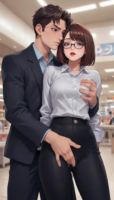 Melkor mancin meets reiq style, (tamada heijun style), 1 girl, ((bob haircut:1.2), brunette), wearing glasses, blue eyes, red lipstick, (((he is groping her exposed pussy, male fingering girl`s pussy))), white collared shirt, Black pants, black hair male, she hand covered mouth, molestation, hand in pants, male hand in female pants, standing, mall background, (she is shoked and embarrased:1.5), (Comfyui with controlnet), Model, (3danime:1.9), (ultra, HD, quality, details), <lora:EnvyCuteXL01v12:1>, <lora:mk_Bp Anime_xl:1.1>, <lora:Marceline_Adventure_Time-000004:1>