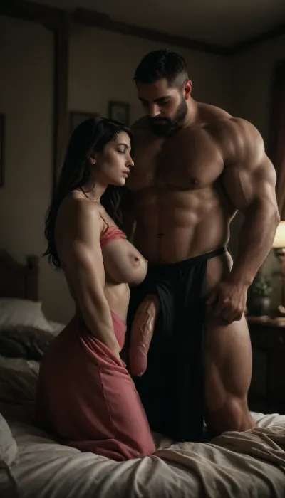 1 woman, sleeping beauty, wearing a skimpy Arabian dress, (large natural breasts), breasts are exposed, sleeping on her bed, breasts, cutout, clothing, nipples, <lora:2BoutOvalSDXL2-000002:.8>, Break, 1 man, prince Phillip, ((large muscular hunk with hairy body and beard)), ((large cock)), ((standing next to the bed)), ((masturbating)), watching her sleep, <lora:dark:.8>, <lora:Dramatic_penis_SDXL:.8>