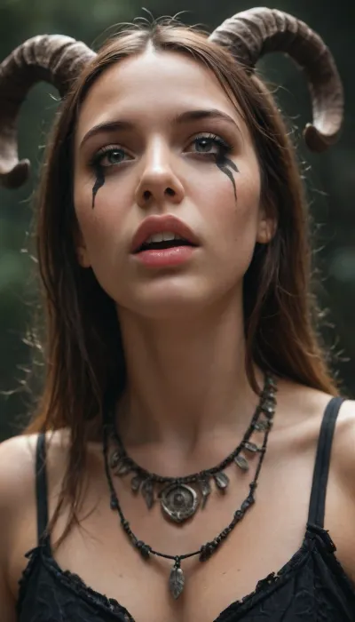 A photorealistic close-up portrait of a hauntingly beautiful woman with pale skin, intense dark eyes with black dripping makeup tears, full glossy black lips slightly parted showing teeth, intricate black tribal patterns and stripes on her face. Her head is crowned with elaborate organic dark horns, thorny branches, writhing spotted tentacles, and a screaming skull emerging from the top. Surrounding her is a complex biomechanical ruff of layered bone-like frills, feathers, and decaying organic matter. Below her neck, a large striped beetle with shiny chitin wings and body merges into her form. High contrast chiaroscuro lighting, dramatic shadows, ultra-detailed textures, realistic skin pores, glossy surfaces, cinematic atmosphere, dark gothic horror style, symmetrical composition.