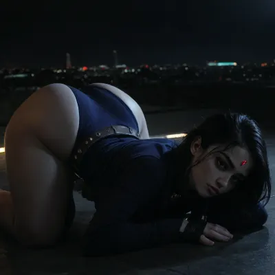 Score_9, score_8_up, score_7_up, 3/4 sideview, glowing city lights, dramatic cinematic lighting, neon glow reflecting on wet surfaces, light drizzle, dark clouds, night time, 8K UHD, (DC comics Raven), (pale grey skin:1.2), rooftop setting, city skyline at night, (ass up, arched back), (head down, cheek pressed to floor, head tilt), purple bobcut hair, huge luscious lips, straight hair, (forehead jewel:1.1), (long sleeve navy blue leotard, fingerless gloves ruby inlay), violet velvet cloak golden brooch ruby inlay, high waisted leotard, gold belt with multiple ruby inlays, loose belt, Endless_Up_SDXL_Neg, smallbreasts, small waist, ((wide pelvis, broad pelvis, wide hips, huge thighs)), ((thicc lower body, exaggerated hips)), city glow, (bored:1.4), <lora:EnvyAnimeDigitalPaintingXL01:.9>, <lora:ratatatat74-000050:.8>, <lora:mk_Bp Anime_xl:1.1>, NEGATIVE_HANDS, <lora:dark:.8>