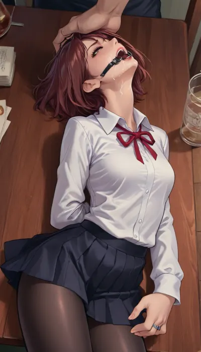 Melkor mancin meets reiq style, (tamada heijun style), 1 girl, ((bob haircut:1.2), brunette), white collared shirt, view from side, pleated skirt, angry, black pantyhose, 1girl, tied, tied arms, tied legs, solo, cum on face, (lying on table:1.3), ring gag, open mouth gag, (head back, lying on back, upside down), (3danime:1.9), (ultra, HD, quality, details), <lora:EnvyCuteXL01v12:1.1>, <lora:mk_Bp Anime_xl:1.1>, <lora:Marceline_Adventure_Time-000004:1.1>