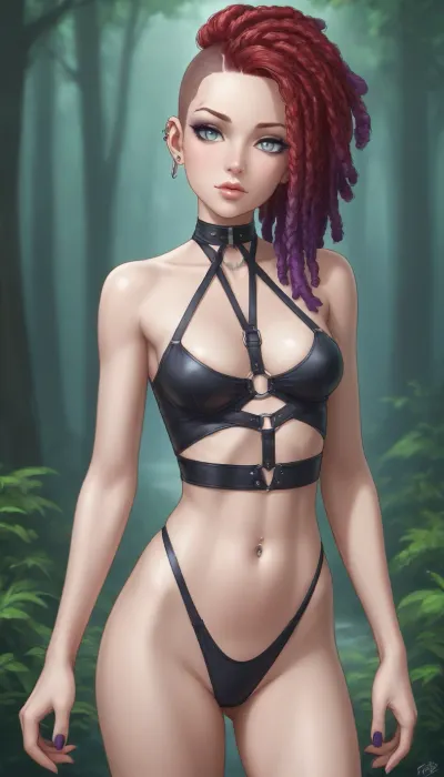 Ruby is an attractive femboy, solo, (Ruby), small, 18 years old, (((Ruby has a natural knotted canine penis:1.7)), ((dark crotch)), ((with canine knot:1.7)), ((with canine prepuce:1.7)), (shaved crotch), (dark small tight anus)), small sized breasts, petite ass, (long red hair purple highlights), dreadlocks, shaved hair on the left side of the head, ((thin waist)), (silver eyes), piercing, in a forest