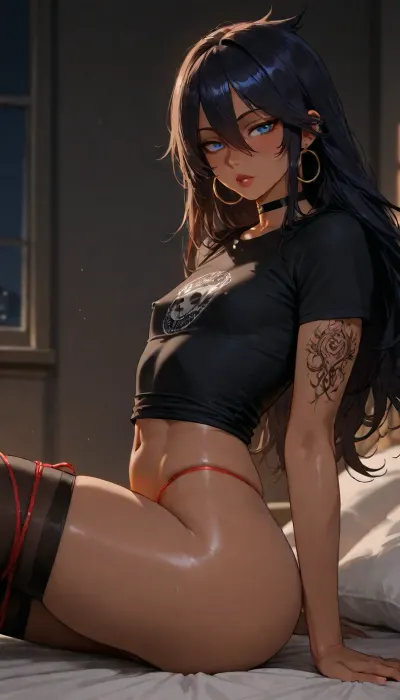 solo, view from side, close up view, sitting on bed, legs angled, looking at viewer, nerdy, slutty, coed, blushing, thick lips, tanned, small cute arm tattoo, pretty face, nipple piercings, brunette beautiful hair, cute strand of hair hanging in front, big round eyes, blue eyes, lipstick, gold hoop earrings, choker, black baggy t-shirt, chest covered by t-shirt, red string thong, pussy covered by thong, black thigh high socks, very high socks, tall, athletic body, athletic legs, muscular arms, visible abs, muscular shoulders, muscular back, skinny body, slim waist, completely flat chest, tiny breasts, athletic ass, gym girl ass, dynamic pose, at night, night, midnight, dark, darkness, shadows, igbaddie, detailxl, <lora:SDXL_DatAss_v1:1.4>