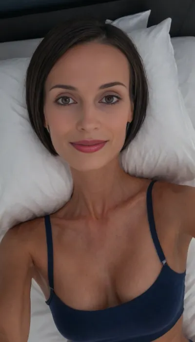 (selfie, arm's length selfie:1.9), (selfie), mid-50s woman, (proportionate head size, head clearly visible, face clearly detailed, portrait-level facial detail), (dark hair, wide box bob haircut tucked neatly behind both ears, no bangs, fully exposed forehead, entire forehead visible, unobstructed hairline, forehead completely clear, hair away from face, ears fully visible:1.8), (no glasses:1.6), (slender face, large forehead, round cheeks, soft jawline, slender neck, visible tendons, subtle veins:1.2), (almond eyes, hazel eyes, thin eyebrows), (high facial detail, detailed eyes, symmetrical eyes:1.3), (thin nose, slender nose:1.2), (average height, slender, thin arms, very slim thighs, thin upper legs, slender thighs, very defined calves, very muscular calves, very sculpted lower legs, athletic and slim lower body, veiny legs:1.8), (very small breasts:1.8), (very lean physique, low body fat, naturally athletic build, fit, graceful musculature, slender athletic frame:1.8), (slim but natural waist, moderately defined waist, proportionate hips:1.5), (pronounced clavicles, visible collarbones, slightly visible ribs, visible sternum contours, very visible hipbones, defined pelvis, subtly defined arm muscles, lean athletic proportions:1.9), (freckles across the chest, realistic skin details:1.3), (smiling, on bed, dark blue bra, relaxed pose, facing the camera, direct eye contact, looking straight into the lens:1.7), highly detailed eyes, realistic skin, (ultra realistic luxury hotel suite interior, completely black monochrome aesthetic, dark minimalist architecture, black walls, black ceiling, black furniture, black stone and matte textures, cinematic moody lighting, moderate lighting with soft warm highlights, king size bed, king size bed with white linens bedsheets:1.6), (close view on the face:1.7), global illumination, hyper detailed, <lora:Instagram_Selfie_SDXL:1.4>