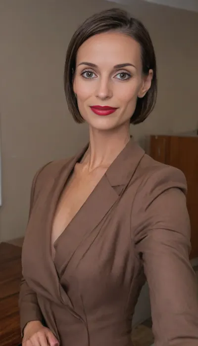 (iphone mirror selfie, holding a grey iphone pro, in front of a mirror:2), mid-50s woman, (businesswoman:1.9), (proportionate head size, head clearly visible, face clearly detailed, portrait-level facial detail), (dark hair, wide box bob haircut tucked neatly behind both ears, no bangs, fully exposed forehead, entire forehead visible, unobstructed hairline, forehead completely clear, hair away from face, ears fully visible:1.8), (no glasses:1.6), (slender face, large forehead, round cheeks, soft jawline:1.2), (almond eyes, hazel eyes, thin eyebrows), (high facial detail, detailed eyes, symmetrical eyes:1.3), (thin nose, slender nose:1.2), (average height, slender, thin arms:1.8), (very small breasts:1.8), (very lean physique, low body fat, naturally athletic build, fit, graceful musculature, slender athletic frame:1.8), (pronounced clavicles, visible collarbones, subtly defined arm muscles, lean athletic proportions:1.9), (realistic skin details:1.3), (smiling, elegant makeup, eyeliner, defined eyelashes, red lipstick:1.4), (wearing brown suit:1.9), (modern executive office, spacious room, large wooden or glass desk, ergonomic chair, floor-to-ceiling windows, minimalist luxury design, neutral tones, high-end materials, soft ambient lighting, professional corporate environment, photorealistic, ultra-detailed:1.8), selfie, <lora:Instagram_Selfie_SDXL:1.5>