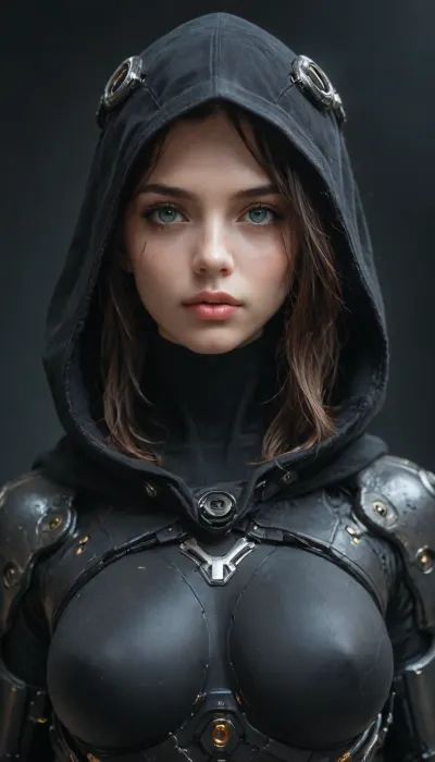 Woman, 30, super cute, absolute beauty, cyborgmech, exosuit, cyborg Ninja, huge hood, hood coveres eyes, eyes hidden umder hood, eyes in dark shadow not visible, mouth visible, parted lips, beauty, <lora:CyborgMechExosuit_v1.5:.8>, <lora:Mecha_Ggorgeous_Armor-000011:.8>