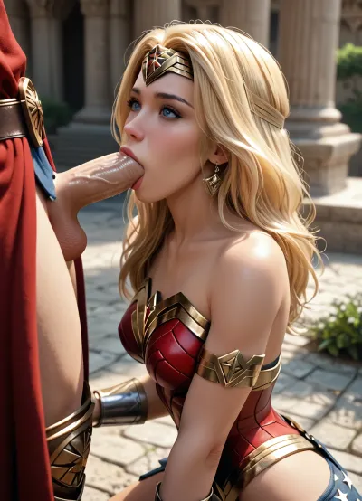 HD masterpiece. Hardcore deep throat blowjob. Side view. High angle frame. Skinny woman wearing sexy Wonder Woman armor and headband, (highly detailed), and gold metal arm bands with long straight blonde hair and big blue eyes. kneeling in the middle of an ancient Roman courtyard giving a man with a big veiny cock a deepthroat blowjob. Deep oral penetration. Thigh gap. Thin frame. Small tits. Tiny waist. Narrow his. The setting is outside of a beautiful Roman temple. Day time. Very sunny. Snyder, Style, <lora:snyder_xl_v2:1.1>, <lora:The_main_complex_of_the_temple_of_the_goddess_Beita:.8>
