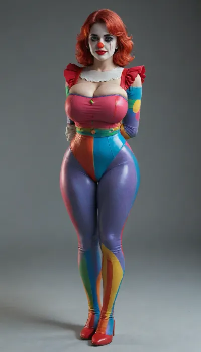 Mature sad clown, huge ass, huge breasts, sad clown stuff, clown suit, full of clown stuff, full body view, vulgar makeup, full body suit