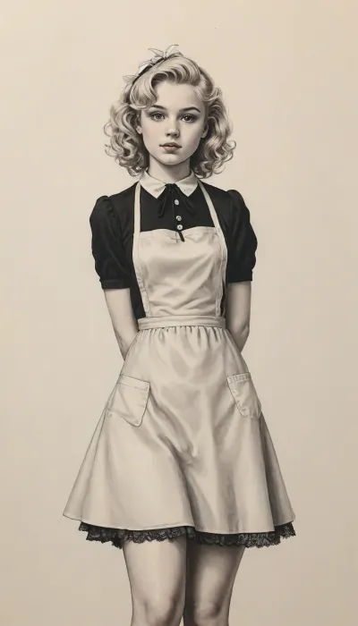detailed pencil drawing with clean lines and meticulous shading, beautiful blonde 18 years old with curly-hair woman, white bows, very short black dress, white apron, soviet student, high heels, full body view, sidelight, blurry background, (((monochrome))), blurry white background, drawing, by, NTY, jsbw, style, v0ng44g, sk3tch, .8>, <lora:JasmineBWXLDoguMini:.7>, <lora:sketch_it:1.4>