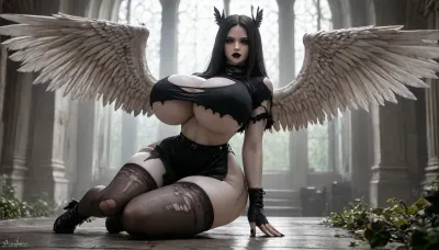 Goth girl winged valkyrie, (huge natural breasts:1.4), erotic pose, beautiful face, (very pale skin:2), large breasts, curvy hips, slim waist, black lipstick, grey makeup, black hair, footwear and black stockings, anthropomorphic woman, (large breasts:1.8), soft lighting, (torn top, beautiful breasts), athletic physique, thigh gap, <lora:add-detail-xl:1.5>, <lora:add-detail-xl:2>, ​​​​, <lora:LCMTurboMix_Euler_A_fix:1.3>