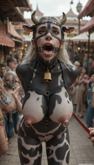 22yo woman, solo, alone, (girl black skin:1.6), very black skin, ultra black skin, coal black skin, white hair, bangs, long hair, (angry screaming), eyeliner, (hourglass figure), (indignation:1.2), (aggressive look), (sharp face features:1.2), (narrow face:1.2), (big mouth), big eyes, thick lips, (wide jaw), wide cheekbones, tongue out, perfect hands, 5 fingers on each hand, (oiled skin), (hucow, human cow, cow ears, cow horns, arms bound behind back:1.5), (big breasts:1.2), (nipple rings:1.2), ((cow print bodypaint)), (((large white spots body paint, white spots on face))), shaved pussy, (gape vagina:1.4), (detailed vagina, spread pussy, pussy has large beautiful labia majora, extremely detailed vulva), legs spread wide, whip marks, scratches, wounds, torture, slave, ((sitting on top of a man, anal sex, anal fuck, dick in ass, veiny dick, huge cock, cum, cum shot, cum everywhere, bukkake)), (huge cow bell on neck), labels on ears, ((harness, straps, face harness, strap on forehead)), (latex corset), ((nose ring piercing, septum piercing:1.5)), gag around neck, gag stick, ponyplay fetish head harness with silicone bite bar, bondage mouth gag with leash and carabiner, petplay BDSM bridle, erotic bridle sex toy, bit gag, bridle gag, ((cow bell hanging from nipple ring)), wrapped, in, brown, leather, straps, harnesses, harness, rope, ((face harness gagged mouth:1.5)), ((drooling saliva from mouth, lot of saliva)), ((outside, market square with normal clothed people, people touching cow, fisting, slave market, scaffold, her leash tied to pole, "for sale", sign)), <lora:add-detail-xl:1.3>, <lora:detailed_notrigger:1.2>, <lora:gagged-4e:.8>