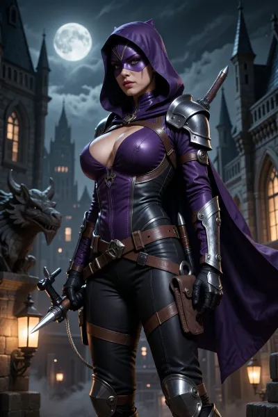 A young curvy very busty woman inspired by Huntress, specifically Helena Wayne, reimagined as a realistic high-fantasy D&D heroine. She is athletic, elegant, sharp-eyed, and intensely focused, with the presence of a noble vigilante shaped by discipline, stealth, grief, and relentless training. She should feel like the offspring of a dark knight and a master thief, intelligent, acrobatic, dangerous, and precise. Her expression is calm, stern, and watchful, with controlled intensity rather than rage.

Her design should clearly evoke Huntress, but translated into believable fantasy adventuring gear instead of a superhero costume. She wears a practical outfit in deep purple, black, charcoal, and dark leather, with fitted reinforced cloth, light leather armor, flexible armored panels, bracers, shoulder guards, and a hooded half-cloak or mantle suited for rooftop movement, and urban vigilantism. The armor is modest, protective, and functional, not a leotard, not spandex, and not sexualized. Her lower half is fully practical, with fitted trousers, reinforced boots, knee guards, and layered belts and straps for gear.

She should wear a subtle domino mask, half-mask, or shadowed hood that preserves the classic Huntress identity in a grounded fantasy way. Her most important weapon is a finely crafted hand crossbow or compact hunting crossbow, elegant but deadly, clearly the focal point of the design. She carries bolts for trick shots, barbed bolts, rope bolts, blunt impact bolts, and hooked bolts, along with daggers, lockpicks, and climbing tools. Her gear should reflect both Wayne-like tactical training and Catwoman-like agility and infiltration.

She should feel like a Battle Master Fighter / Thief Rogue, a rooftop hunter, crossbow specialist, acrobat, investigator, and stealthy urban protector. Add small details like worn gloves, utility pouches, subtle noble craftsmanship in the gear, and a dark purple cape moving in the wind.

Place her on a gothic fantasy rooftop, cathedral ledge, or stone gargoyle above a misty medieval city at night. Lantern light glows below, the moon or night sky behind her, and she is either aiming her crossbow or standing poised with it in hand, scanning the streets for danger. Realistic fantasy art, cinematic lighting, ultra-detailed textures, grounded realism, dark heroic mood, beautiful but formidable, precise, stealthy, and noble.