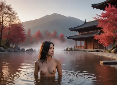 The image depicts an scene of a naked young asian woman with dark hair, partially submerged in a steaming hot spring or pool. She is centered in the water, with gentle ripples spreading around her. The background features a serene landscape with pink and red autumn leaves on trees, a traditional wooden building on the left, and distant mountains bathed in the soft light of either sunrise or sunset. The overall atmosphere is calm, peaceful, and slightly romantic, enhanced by the warm colors and the mist rising from the water.