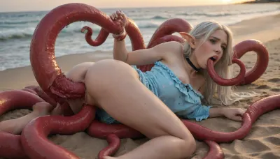 Cute beautiful women, Nordic face, Sunny beach at sunset, on the sand at the water's edge, An octopus rips off a womens's clothes with a tentacle and fucks her in the anus with another tentacle so that the tip of the tentacle comes out of her mouth, a A huge octopus impales a girl on his big cock like form men’s dick, rips off the girl's clothes with a tentacle, and fucks her in the anus with another tentacle so that the tip of the tentacle comes out of her mouth, huge 4-meter octopus is having rough sex with a beautiful 35-year-old woman—blue eyes, long white hair, woman elf’s ears, natural round saggy breast, slightly sagging breasts, A huge octopus presses against a young woman, forcefully, Her torn dress reveals her entire body, her legs are spread wide, The woman screams in orgasm with tears of ecstasy on her face, her body arches in ecstasy, unable to break free from the tentacles' grip, rough sex, orgasm, Rough sex, petite body 35 years old woman, very long blond hair, straight bangs, big beautiful saggy breasts, asimetrical pose, choker, pajamas, sucking, very screaming, open mouth, moaning, ass view, cumming, <lora:SDXL_BetterFaces-LoRA_v1:.8>