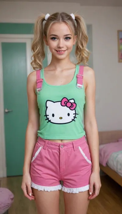 Full body view, Shaved pussy, ((no hair on vagina)), 2 beautiful sexy slender anorexic 18 year old blonde woman twins from attachment posing cutely, long eyelashes, green eyes, full frontal view, bare legs, good hands, perfect fingers, (shaved pussy), standing up straight, arms to the side, twintails, wearing school gym clothing, standing in a hello kitty themed bedroom, SLPP, lift, pull, tan lines, bows, frilly details, intricate hair, big wide smile, touching boobs, Riko, brown, hair, eyes, ponytail, bandaid, on, face, sidelocks, RikoCasual, overalls, shirt, straps, grey, pants, green, backpack, RikoHome, tank, top, bike, shorts, stripped, RikoSchool, jacket, white, necktie, skirt, collared, RikoPajamas, pajamas, purple, t-shirt, RikoSwimsuit, competition, swimsuit