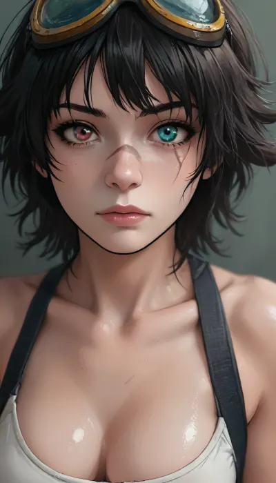Andava, Andavaverse, realistic drawing, ((markgavatino style)), Melkor mancin style, (A detailed anime drawing with clean lines and meticulous shading, flat colors, line art, no gradients, blue and green palette), masterpiece, score_9, score_8_up, score_7_up, source_anime, close up portrait, Masterpiece, view from above, 1woman, 30 years old, tall, (Lady from Devil May Cry, (heterochromia:1.3), green eye, red eye), (horizontal scar on nose only:1.4), (goggles, muscular, oiled skin), solo, a bit busty, (looking at viewer:1.4), realistic anatomy, Moebius, detailed face, (Jean, Giraud), page, lineart, <lora:Moebius (Jean Giraud) Style:1>, <lora:outline_xl_kohaku_delta_spv5x:1>, <lora:lineartSDXL:1>, <lora:MJ52:.8>, <lora:mk_Bp Anime_xl:1>